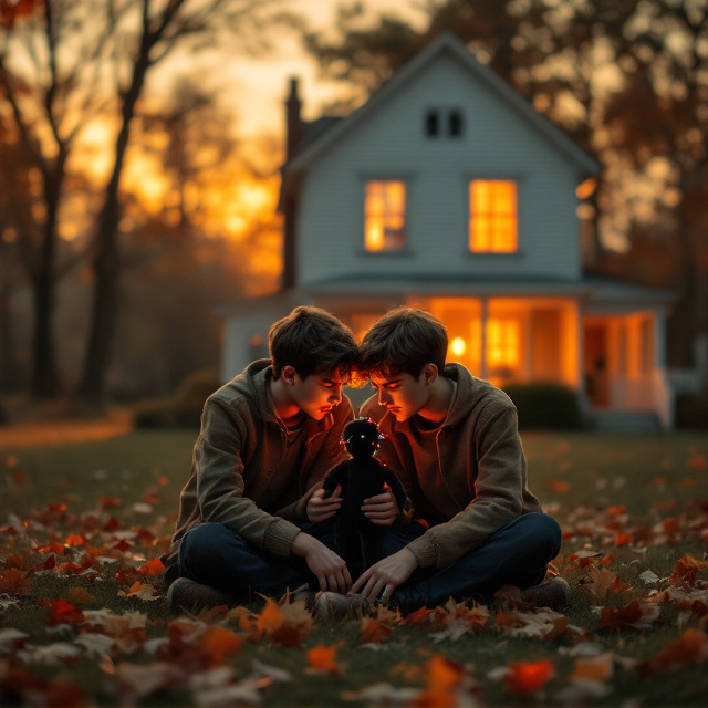 A warm sunset bathed in golden-yellow tones acts as the backdrop, casting long shadows across the garden of a two-story white wooden house. Two fifteen-year-old boys sit cross-legged on the grass in the foreground, their faces illuminated with a mix of curiosity and apprehension. One boy holds a 10-inch black voodoo doll with multicolored pins protruding from it, while the other leans in closer, studying it intently. The garden is detailed with scattered autumn leaves and soft blades of grass to evoke realism. The scene is bordered with subtle, darkened edges, adding an enigmatic air while highlighting the central characters.