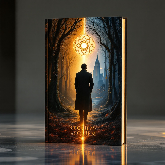 The cover is split down the middle with a seamless but dramatic blending of two terrains on the left, a lush, golden-lit forest with intricate, dark vines creeping upward, portraying vitality and mystery. On the right, a semi-shadowy yet glowing New York City skyline bathed in blues and reds, giving a sense of modern life and concrete resilience. At the center of this division is a racially ambiguous silhouette of a man in a long trench coat, partially illuminated by faint golden light emanating behind him. Above him, a unique symbol composed of interconnected gold circles, triangles, and lines hovers, symbolizing life, death, darkness, and light.