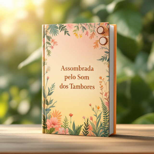 The book cover uses a soft gradient background transitioning from peach at the top to sunny yellow at the bottom, evoking a warm yet introspective tone. Lush, hand-illustrated flora, including wildflowers, ferns, and greenery, frame the edges of the cover, creating a border-like effect. Subtle, semi-transparent drum silhouettes are gently incorporated within the flora, blending harmoniously into the design. The drum illustrations appear as though they are emerging from the flora, creating a layered and interactive visual.