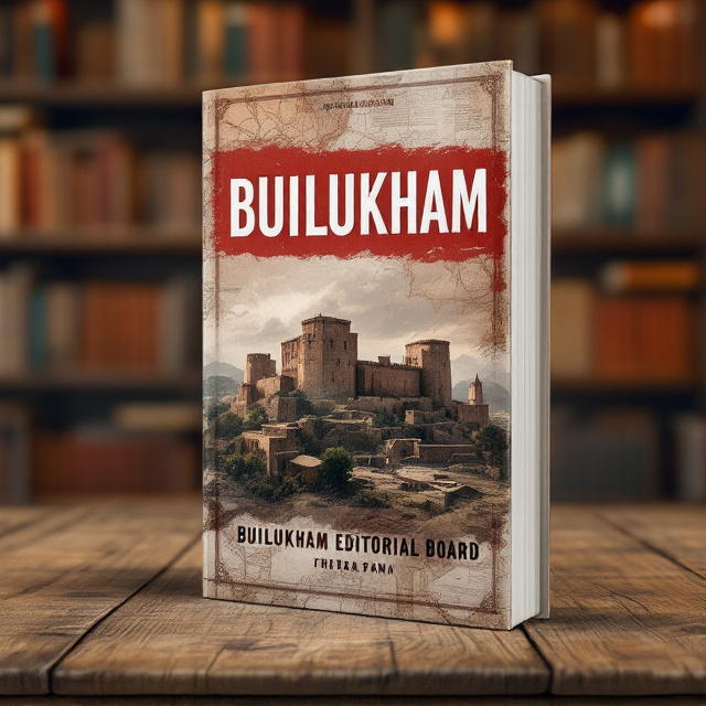 A striking red and white composition featuring a faded yet imposing image of an ancient fortress or historic landmark as the focal point, symbolizing history and resilience. Subtle overlays of maps or historic documents blend into the background, giving depth and context. The title "BUILUKHAM" is bold and prominently placed at the top-center, with textured white lettering that looks slightly aged. The lower third of the cover is reserved for the author's name "Builukham Editorial Board" in a clean and sleek font, balanced by a subtle, textured border framing the bottom.