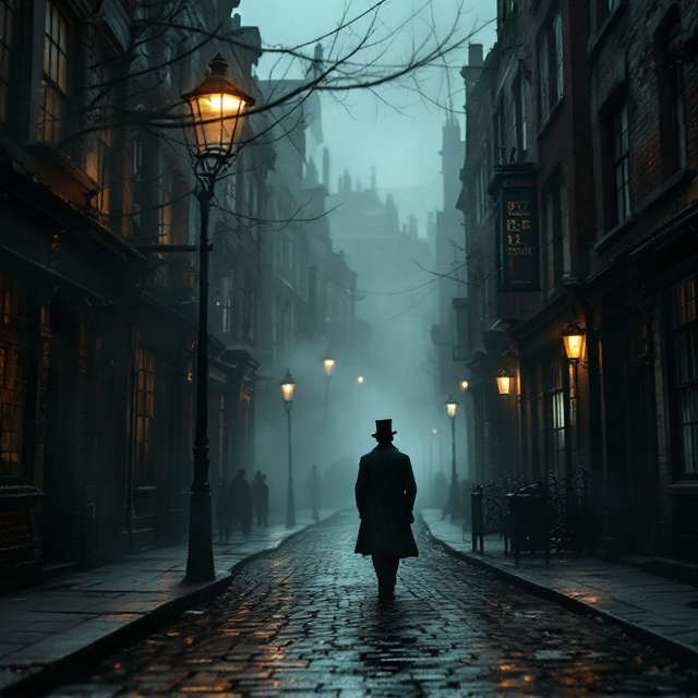 The cover features a shadowy depiction of a fog-drenched Victorian East-End London street. Cobbled roads glisten under dim, gas-lit streetlamps while shadowy figures lurk in the corners, adding to the oppressive atmosphere. Worn brickwork and dilapidated buildings dominate the backdrop, while a subtle silhouette of a man in a tattered top hat and overcoat stands in the foreground, half-hidden by the mist, embodying deception and survival. The color palette is grim, with earthy browns, dark grays, and faded ambers, topped with hints of smoky blue. Fine textures, such as peeling paint and weathered stone, further emphasize the gritty scene.