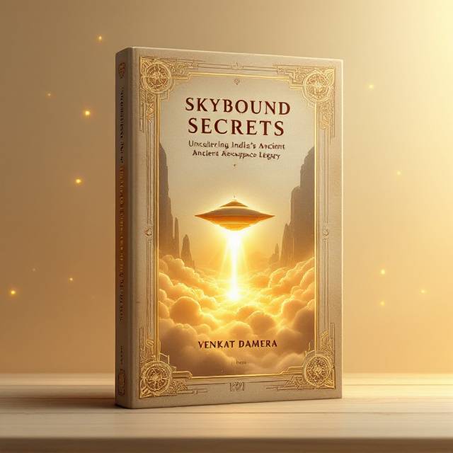 A glowing Vimana hovers gracefully above golden clouds, illuminating a celestial sky with divine rays encircling it. The background features Sanskrit scripts faintly engraved, blending seamlessly with the rustic textures of the sky. Frames of intricate yantras and lotus flower motifs delicately adorn the borders, subtly shimmering with a metallic gold effect. At the footer, Sanskrit verses appear as a faint watermark, enhancing the mystical undertone.