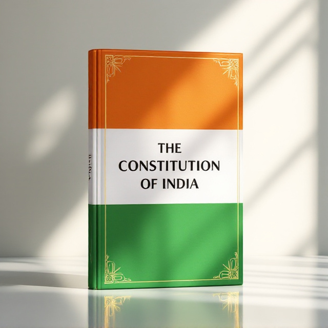The book cover features a vivid Indian flag as the dominant background, with its tri-color stripes (saffron, white, and green) spanning the entirety of the cover. In the center, bold serif text "THE CONSTITUTION OF INDIA" is displayed, framed by a subtle Ashoka Chakra in semi-transparent blue. The typography is modern yet traditional, aligning with the weighty nature of the content. Clean, minimalist corner embellishments in gold leaf are added for sophistication.