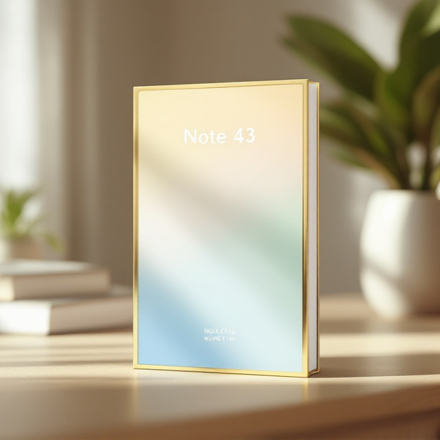 A minimalistic cover features a soft gradient of yellow transitioning to light blue as the background, symbolizing calmness and inspiration. The book title "Note 43" is prominently centered in bold, clean font, while the author's name "Ngwe Ti Oo" is subtly placed below in a lighter and smaller font. The entire design is bordered with a thin gold frame, adding an elegant touch.