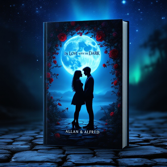 A captivating nightly panorama featuring a cobblestone pathway, leading the viewer’s eye toward the edge of a cliff. On the cliffside peak, a young teenage couple stands inches apart, facing each other with a gentle intimacy. The guy’s silhouette is outlined by the light of a large, luminous blue moon hanging low in the sky, casting a soft shadow behind him. Surrounding the moonlit couple is an ethereal arc of burgundy roses, subtly glowing under the moonlight. The starry night sky transitions beautifully into a dreamy northern aurora, shading faint green to warm purple above.