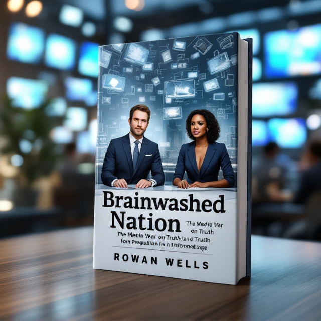 A bold illustration dominates the cover, featuring a split-screen style showcasing two news journalists; the male, a Caucasian, on the left side and the female, a Black professional, on the right side. The background includes faint outlines of chaotic TV screens, with static signals surrounding the figures. Both journalists are seated at news desks, wearing sophisticated navy suits. Their expressions are serious, conveying the gravity of misinformation. Subtle geometric patterns in tones of blue and grey run through the background, adding depth.