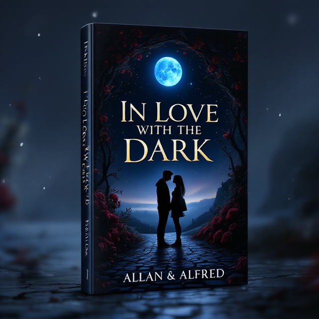 A striking midnight-black background sets a mystical tone. The faintly illuminated blue moon sits at the top center, casting a subtle shadow of the boy toward the girl. Below the moon, a teenage couple stands on an old cobblestone path—he slightly taller, gazing at her with deep affection. Around the couple, an arc of velvety burgundy roses frames them luxuriously. A soft, starry sky sprinkled with shimmering specks spreads across the background with delicate northern lights fading from a faint green to a warm purple along the horizon. The cliffside edge, just visible in the distance, adds a sense of depth and romance.