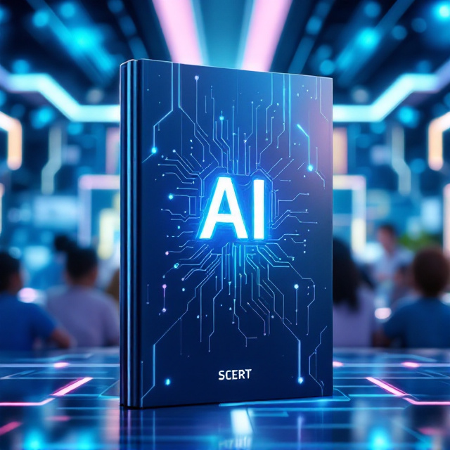 A futuristic classroom scene featuring a group of diverse school children interacting with a humanoid robot and a large touch-enabled computer screen. The background has glowing neon circuit patterns resembling digital connections. Above them, soft rays of light emanate from a central point, symbolizing knowledge and innovation. The color palette includes shades of blue, silver, and white, representing a clean and modern feel.