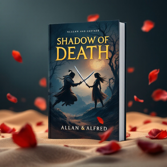 A twilight gradient background where warm marigold seamlessly melts into a deep navy blue. The edges of the scene are scattered with red burgundy petals softly floating downwards, adding a dreamy ethereal quality. In the foreground, soft sand dunes, slightly shadowed. A dramatic battle scene is frozen mid-action in the center of the cover a man lunging mid-air, dual katanas forming an "X" above his head, poised to strike. Opposing him, the girl stands firmly grounded with an iaido katana still sheathed in battle-ready stance, her gaze full of focus and defiance. Both characters are clad in lightweight historical armor, detailed with intricate carvings and muted metallic sheen, reflecting dim highlights.
