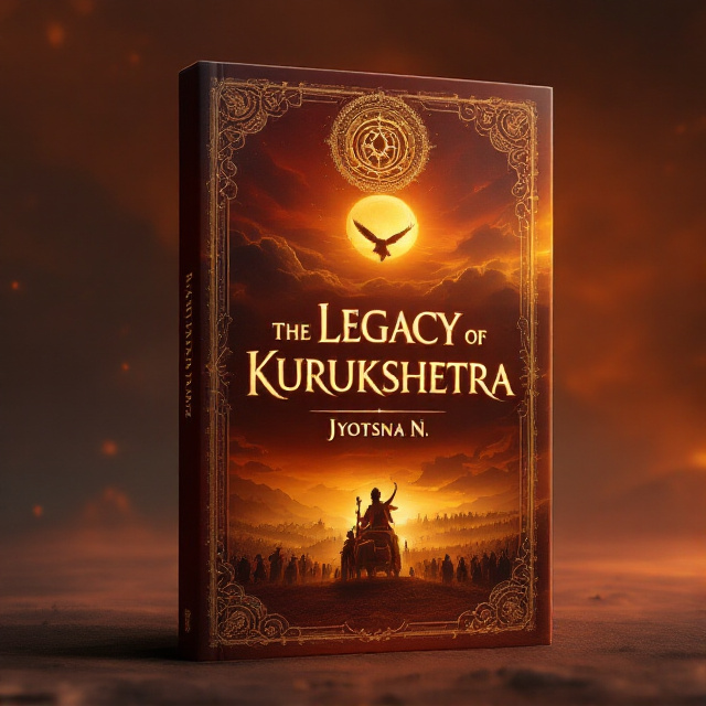 The cover showcases a vast battlefield at dusk, bathed in golden-red hues of a dramatic sunset. In the foreground are Krishna and Arjuna on their iconic chariot, with Krishna holding the reins and Arjuna poised with his bow. A line of shadowed warriors fades into the haze in the distance, their silhouettes creating a sense of anticipation and reverence. Above, Garuda’s faint silhouette emerges in the sky, while swirling, ethereal mists near the edges of the battlefield reveal serpent-like Nagas. Intricate Indian patterns subtly frame the edges of the cover to enhance the ancient, sacred vibe. The Dharma Chakra is faintly embossed in the background sky for added depth.