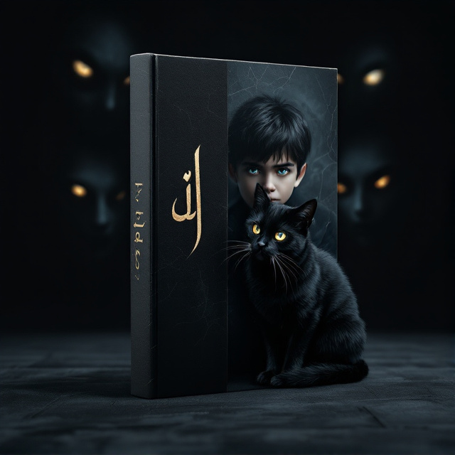 A dark, atmospheric setting with a realistic photo of a handsome 10-year-old boy with black hair and heterochromatic eyes (one green, one blue), seated beside his sleek black cat with luminous golden eyes. The boy and the cat are the focal point and are illuminated subtly by dim, eerie lighting. The background is an indistinct swirl of shadowy faces and faintly glowing eyes, giving a haunting impression. The overall tone maintains a dramatic, horror-centric mood with sharp contrasts between light and dark.