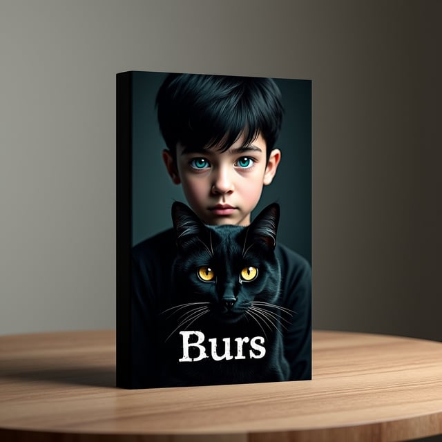 A dark, haunting scene where the focal point is a close-up portrait of a handsome 10-year-old boy with black hair. This boy has two strikingly colored eyes—one teal and one amber—that immediately draw attention. Resting in his arms is his sleek black cat whose deep golden eyes eerily mirror the haunting ambiance. The background fades into soft, foreboding shadows, where faint, blurry faces and hollow eyes peek out from the darkness, barely visible but enough to unsettle the viewer. The dark lighting highlights soft contours of the boy and cat's features, creating a chilling but mesmerizing balance of clarity and obscurity.
