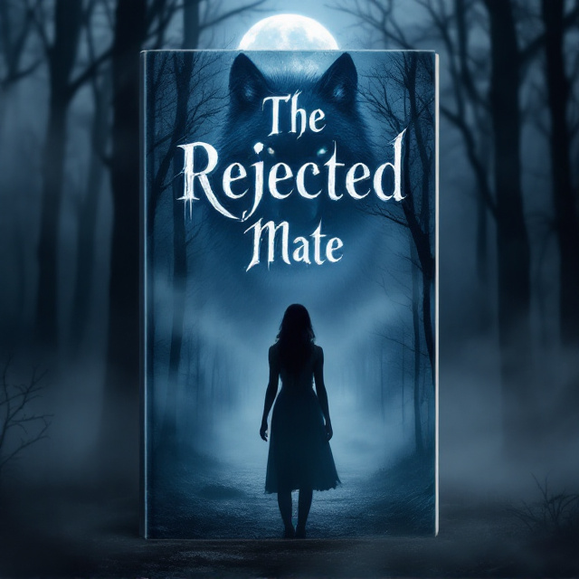 A mist-covered forest under a full moon provides a haunting backdrop. In the foreground, a striking woman stands alone, her back turned slightly to the viewer, her emotion evident in her rigid posture. Behind her, an imposing shadow of an alpha wolf looms faintly within the mist, its eyes glowing, watching her. The dominant tones are deep blues and silver, with hints of white to emphasize the moonlight and mystery.