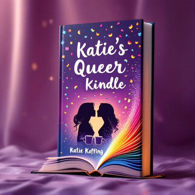 A warm-toned purple background with soft gradients transitioning to lighter purples and pinks. At the center, two women (silhouetted but with gentle contours) are kissing under a vibrant cascade of small pride flags scattered around. On the right-hand side, an open book with pages flying out forming rainbow hues. Below the kissing women, two steaming coffee mugs clink together as if in a celebratory toast.