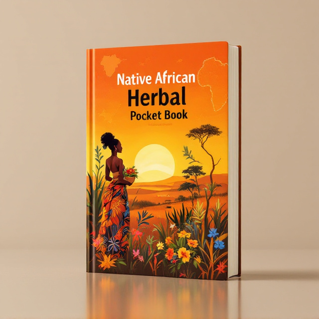 A hand-painted African savannah landscape in the background, featuring a vivid orange and gold sunset. In the foreground, the silhouette of a strong, confident African woman draped in vibrant traditional attire with bold patterns, holding a basket of fresh herbal plants. The herbal plants (such as moringa, aloe, or hibiscus) have realistic intricate detailing, emphasizing their importance. To the left of the woman’s silhouette, faint outlines of various herbal plants organically blend into the design. Above, a subtle map outline of Africa faintly overlays the sunset, creating a visual sense of connection and origin.