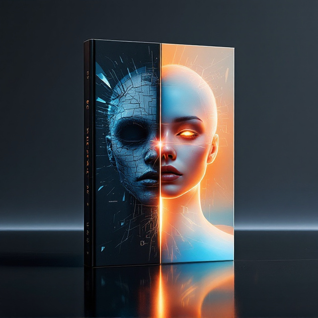 The cover is split into two distinct halves with a vertical dividing line—as though a mirror separates the two characters. On the left side, the war-torn humanoid appears against a dark digital glitch background, with fragmented code patterns and scattered shards of glass radiating outwards. On the right side, the nurturing humanoid stands against a gentle, soft-lit digital glow, with smooth gradients of amber and soft blues. Both figures are drawn in sharp, hyper-realistic detail, almost seeming to merge at their foreheads where their intense stare conveys tension. A faint crimson-red electrical spark crosses the divide, symbolizing their conflict and connection.