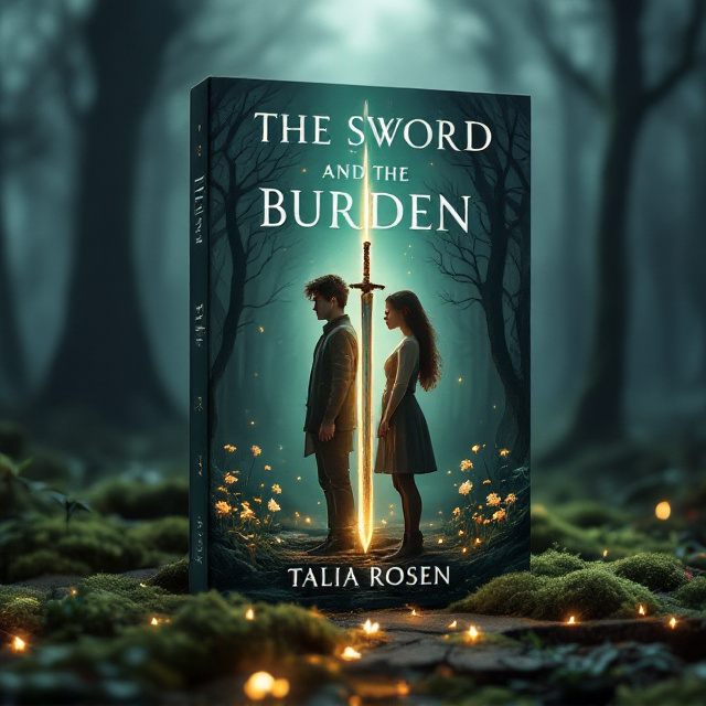 A dark, misty forest emerges in the background, with muted emerald and indigo hues dominating the scene. In the foreground, two teenage twins stand back-to-back, each holding a sword. Their body language conveys emotional distance. Between them, delicate, glowing flowers grow out of cracks in the ground, casting a soft light. A subtle golden aura surrounds the swords to hint at their importance.