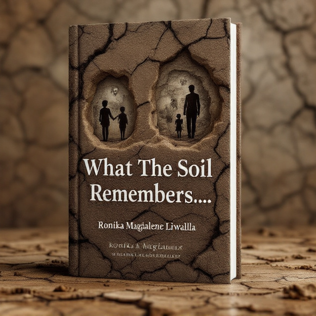 The background features cracked, arid soil with deeply etched lines, creating a textured and organic feel. Embedded in this soil are faint, ghostly silhouettes of human figures and faded family portraits that appear almost fossilized. The title, "What The Soil Remembers…" emerges subtly from the soil cracks, giving the impression that it is unearthed. The color palette is dominated by earthy browns, highlighted with deep reds and soft sepia to evoke a sense of history and timelessness. The faint play of shadows lends a poetic, otherworldly quality.