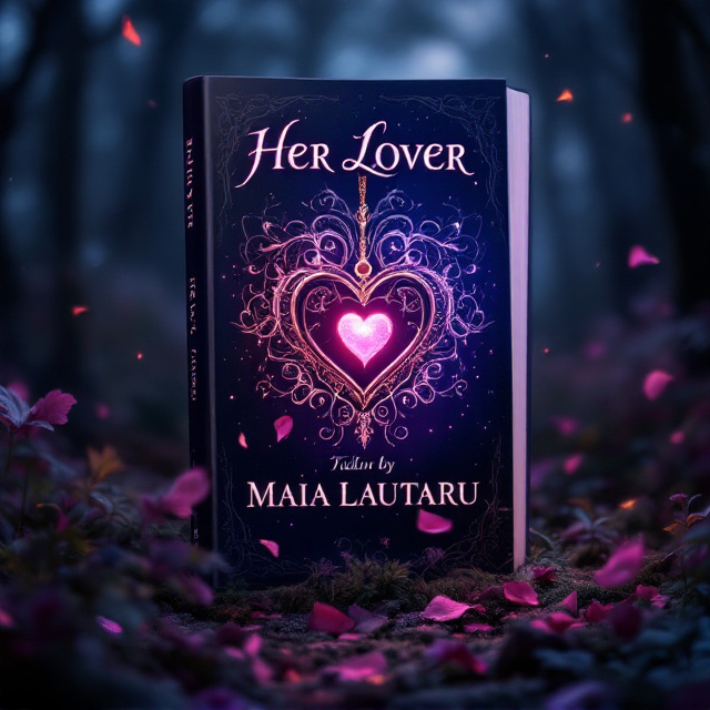 A dark, moody woodland scene beneath a starry twilight sky. The central focus is an ornate, glowing heart locket suspended in mid-air, surrounded by intricate swirling mist and shadowy flower tendrils. The colors are rich—deep purples, midnight blues, and hints of silver and crimson—creating a contrast between light and dark. Detailed elements such as falling petals and faint whorls of magic are scattered, adding a hypnotic, otherworldly feel.