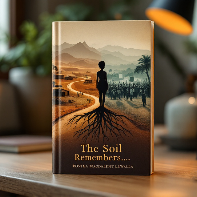 The cover is visually divided into two horizontal halves. The top half features a serene, warm-toned rural Eastern Cape landscape from the 1980s, with winding dirt roads, scattered huts, and a backdrop of muted mountains. The bottom half contrasts sharply with a vibrant, dynamic modern protest scene in Cape Town or Johannesburg, featuring raised fists, placards, and a crowd in motion. At the center, a silhouette of Maya/Naledi stands on the dividing line, her figure blending subtly into both realms, visually connecting the historical and contemporary landscapes. A faint overlay of roots weaves through the dividing line, symbolizing generational ties.