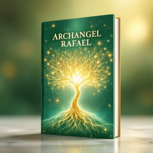 A glowing magical tree with intricate and delicate golden roots sprawling across the bottom half of the cover. The canopy of the tree shimmers with various vibrant shades of green and gold, radiating an ethereal glow. The background is a mix of a soft, gradient emerald green transitioning to a lighter gold hue towards the edges, giving it a heavenly and uplifting feel. Subtle sparkles and light rays emanate from the tree, adding a divine, inspiring atmosphere.