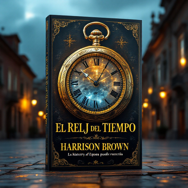 A dramatic dusk or twilight scene of a historical plaza in Spain with a large, detailed gold pocket watch in the center. The watch’s intricate engravings catch a faint golden glow, casting tension and mystery. The background fades into subtle shadows of historic Spanish architecture to convey a sense of historical depth. The watch hands appear slightly blurred or in motion, symbolizing the manipulation of time.