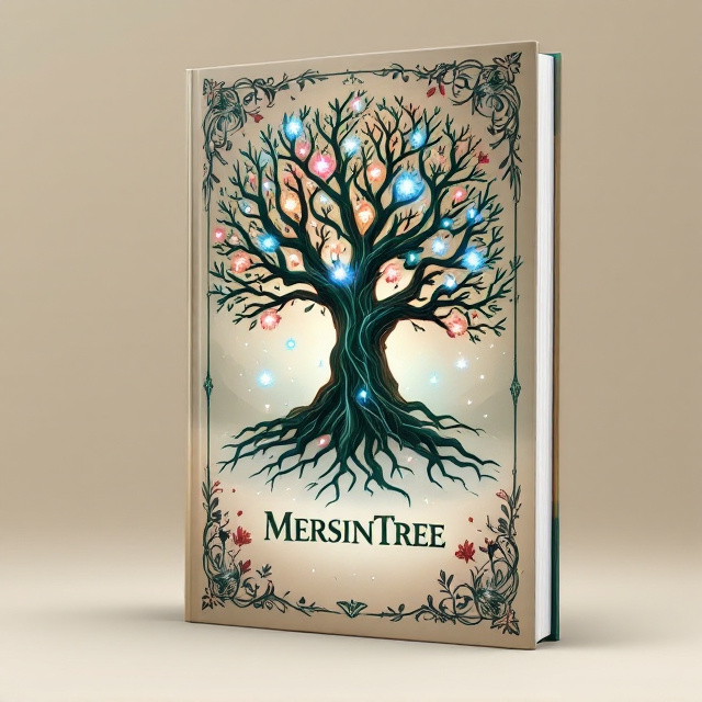 A magical, sprawling tree with glowing, mystical patterns on its bark placed at the center of the cover. The tree has illuminated blue and pink accents on its branches, with small, enchanting orbs floating around it. The background is a soft beige tone, fading into a misty, magical ambiance. Intricate dark green vines are interwoven in the foreground to form an intriguing border, highlighted with subtle red floral details.