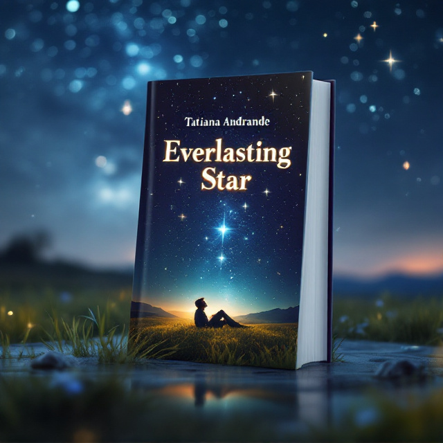 A serene field under a stunning star-strewn galaxy. The night sky takes up the upper two-thirds of the cover, painted in deep blue with luminous white stars forming constellations. Subtle hints of Eleanore’s form are etched lightly within the stars, her face soft and melancholic, fading into the sky almost as though she is part of the cosmos. In the foreground, a man lies on the grass, gazing upwards, his figure small to emphasize the vastness of the stars and the depth of his yearning. The field is painted in gradient shades of green, fading into dark at the edges to blend with the night sky.
