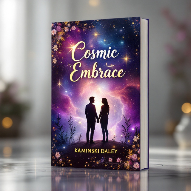 A captivating cosmic backdrop filled with swirling hues of deep purple, soft blues, and gold accents, resembling a nebula. A silhouette of a couple stands in the foreground, holding hands and gazing at the cosmic expanse. Ethereal glowing stars and subtle light beams frame the couple, giving them a luminous aura. The edges of the frame are delicately intertwined with floral vines and blossoms that seamlessly merge with the cosmic elements, symbolizing growth and connection.
