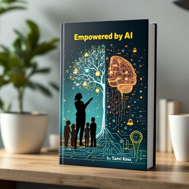 A teacher silhouette is prominently featured, standing tall and guiding a group of students. Behind them is a symbolic "tree of knowledge," its trunk and branches resembling an abstract AI circuit with glowing neural connections. To the right of the composition, a brain split into two halves is displayed, one side appearing human and organic, while the other looks digital and geometric. The bottom of the cover depicts a chalkboard merging traditional "old-school" icons (books, glasses, lightbulbs, a ruler) with modern ones like binary codes, algorithms, and circuit patterns. The background is a deep navy gradient fading into a teal horizon, with accents of bold yellow, mint, and coral scattered across the design for warmth and vibrancy.