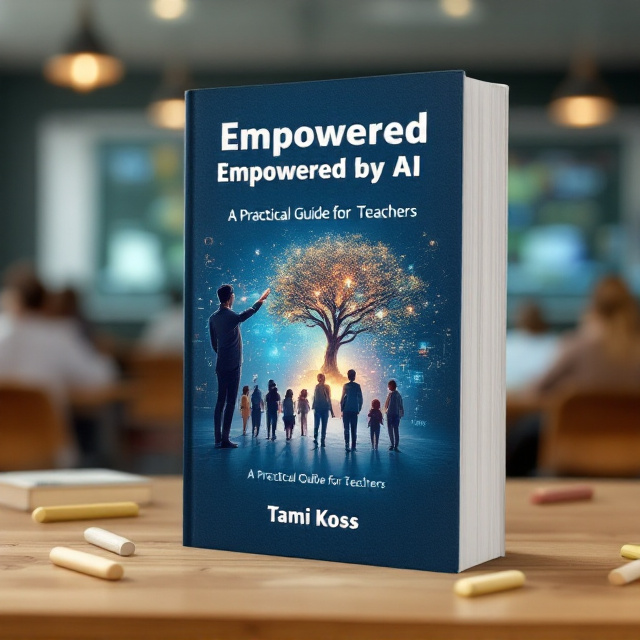 A silhouette of a teacher stands at the left side of the cover, their arm outstretched as if guiding a group of small, diverse student silhouettes moving towards a large, glowing “tree of knowledge” composed of intertwining AI circuitry and neural patterns. A half-human, half-digital brain subtly overlays the tree’s top. Below the teacher and students, a chalkboard fade-in effect showcases old-school icons like books, compasses, and formulas merging seamlessly with glowing digital icons like algorithms, networks, and data streams. The backdrop is a deep navy gradient transitioning into teal at the edges, with bold electric blue circuitry illuminating die-cut patterns near the bottom. Small pops of coral and mint leaves weave warmth into the tree and icons.