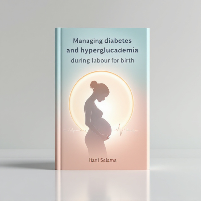A soft gradient background blending calming pastel tones (like teal, light peach, and white) symbolizing balance and health. Centered is a silhouette of a pregnant woman holding her baby bump, surrounded by a circular glowing halo, indicating care and protection. Beside her is a stylized depiction of a glucose monitor and heartbeat line, subtly woven into the circle’s halo.