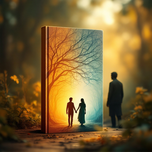 A serene yet nostalgic background depicting the rustic beauty of a 1984 Andhra Pradesh village. In the foreground, a silhouette of two adolescents (Raj and Rani) holding hands, encased in a soft glow that symbolizes both their love and immaturity. To the right, a shadowy figure of an older Raj stands introspectively, his back turned, facing a complex web of relationships (subtly represented with abstract threads forming a chaotic pattern). The color palette transitions from warm, bright tones of orange and gold on the left (childhood and innocence) to muted blues and greys toward the right (maturity and struggles).