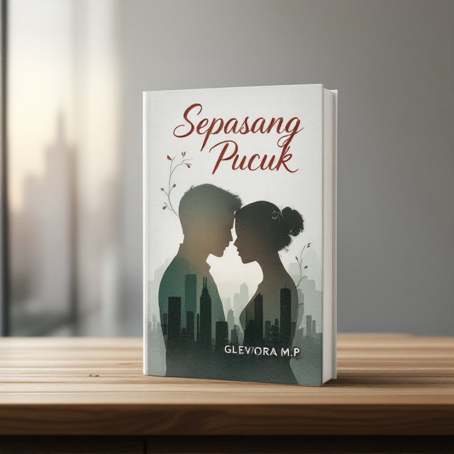 A moody, abstract cover featuring two overlapping silhouettes of a man and a woman, subtly fading into city skyscrapers in the background. The silhouettes are outlined with delicate vine-like patterns that end with small leaf tips (pucuk daun) symbolizing fragility. The overall color palette consists of soft grey, muted green, and deep maroon to reflect the emotions and conflicts in the story. A faint, abstract texture is layered over the design to create depth.
