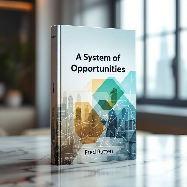 A sleek and structured grid-like design, representing "systems," with overlapping transparent geometric shapes in blue, green, and gold tones, symbolizing vision and opportunities. A faint futuristic cityscape forms the background, blending professionalism with modernity.
