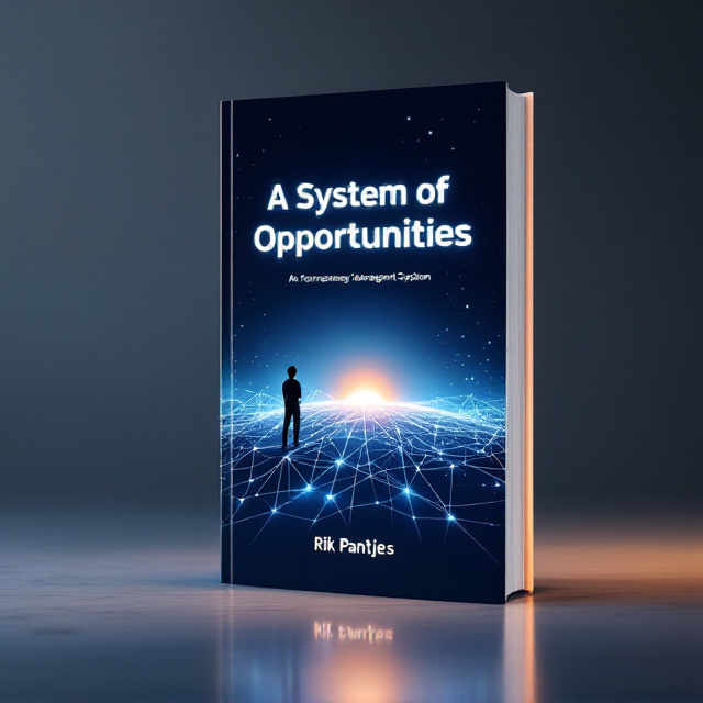 A dynamic cover design featuring an abstract geometric pattern of interconnected lines and nodes in shades of blue, symbolizing a structured management system. In the foreground, there’s a rising horizon line depicted with a glowing sunrise effect, signifying vision and opportunities. A silhouette of a person standing at the edge of the foreground, gazing towards a glowing network of opportunities, represents action and learning. The background is a gradient transitioning from deep navy blue at the bottom to a lighter sky blue at the top, suggesting motion and progress.