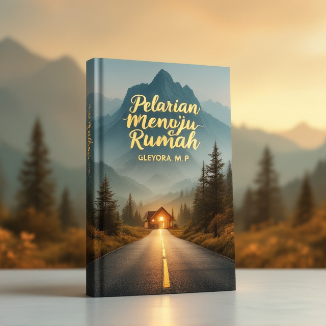A picturesque, straight paved road stretches towards a towering mountain in the background, symbolizing the male protagonist's journey. In the middle-ground, a warm, softly lit house with a cozy, glowing window stands to the right side of the road, representing the woman's presence. The surrounding landscape is vibrant with earthy tones of green and brown, under a dreamy, golden sunset sky to evoke a romantic and bittersweet mood. Silhouettes of trees dot the roadside, adding depth and serenity.