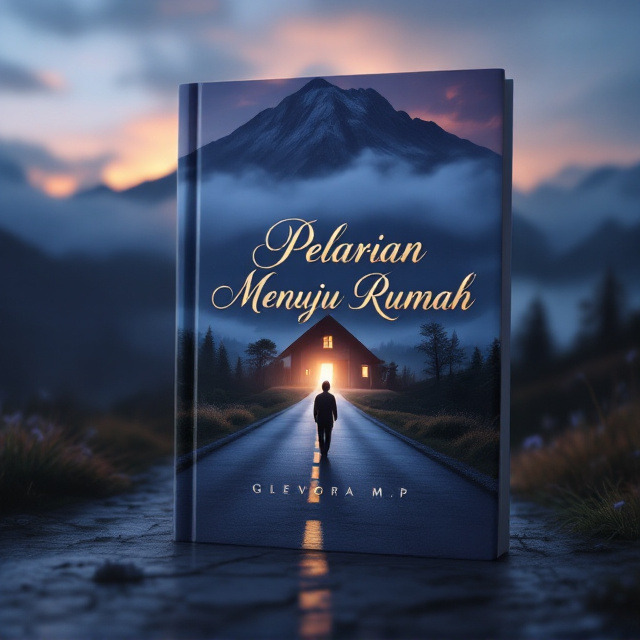 A serene, long, straight road stretches out under the shadow of a majestic mountain. The mountain rises grandly in the backdrop, surrounded by misty clouds. At the end of the road, a warm, glowing house emits a soft light, symbolizing hope and warmth. The entire cover is enveloped in twilight colors—deep blues and purples blending into hints of amber and pink, creating a slightly melancholic yet romantic vibe. The composition includes a silhouette of a lone man walking, his figure slightly blurred to suggest contemplation and solitude.