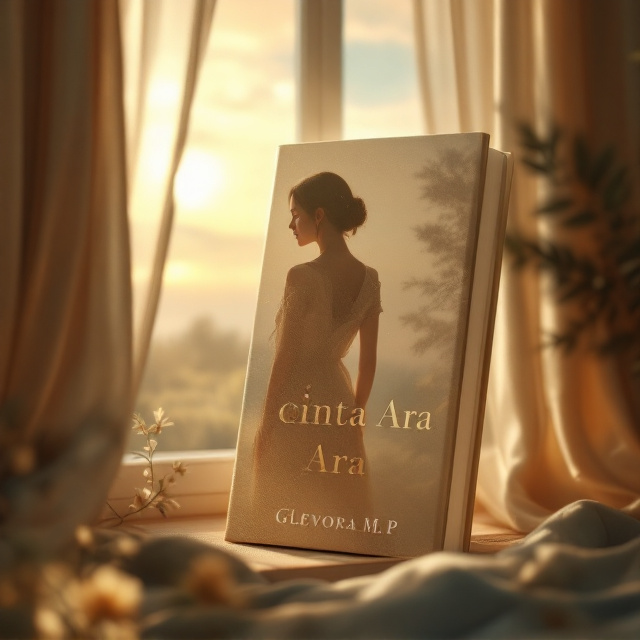 A young woman (Ara) stands near an open window, her silhouette softly illuminated by golden sunlight spilling in. The open window reveals an ethereal view of a distant horizon with faint, blurry outlines of trees and clouds, symbolizing clarity and the future. The interior is minimal, emphasizing Ara’s solitary figure, her posture slightly slouched with a hint of melancholy and contemplation. Wisps of curtain flow against the breeze, gently framing the scene. The color palette is soft and dreamy with shades of pastel peach, warm rose, gold, and pale blue to evoke both emotions and hope.