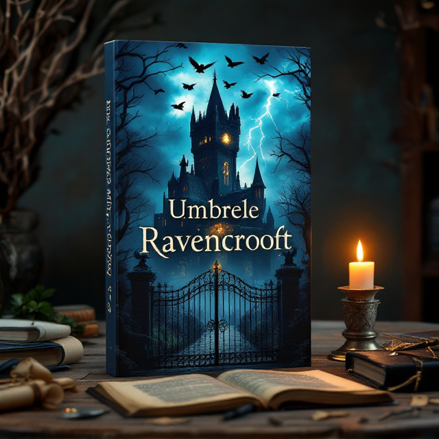 The cover features the gothic Ravencroft Manor towering ominously under a stormy, nightmarish sky. Silhouettes of tangled, barren trees frame the sides of the cover, while lightning illuminates grotesque gargoyles perched on the rooftop. A wrought iron gate is partially open in the foreground, shrouded by swirling fog. Splinter Von Draven stands in the near foreground to the left, his figure mostly cloaked in shadows, with a glowing medallion in one hand and an antique weapon partially visible in the other. Above the manor, swirling ravens fly amidst the stormy clouds. In an upper window of the mansion, Elisabeta Ravencroft is visible in her flowing, melancholic red dress with dim flickering candlelight casting ghostly shadows behind her.