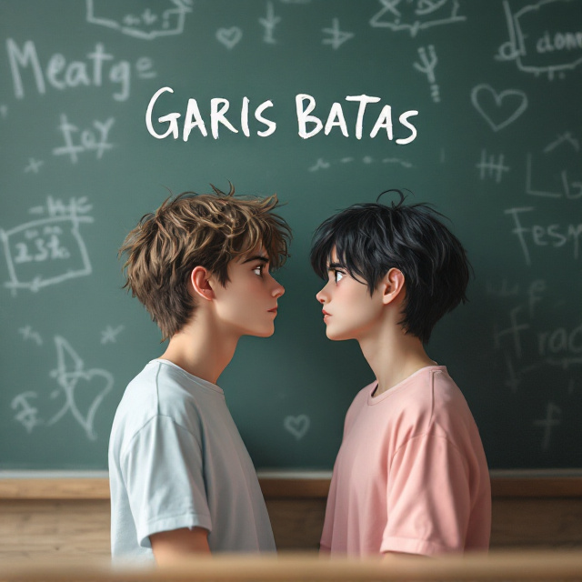 Two anime-style teenage boys are centered on the cover. The taller boy with messy light brown hair leans toward the shorter boy with messy black hair, creating palpable tension. The shorter boy looks up defiantly, with emotion-filled eyes. Behind them is a classroom chalkboard filled with faint white chalk writings and doodles, blurred to keep focus on the characters. Soft lighting and pastel hues set the mood, with shades of light pink, mint, and lavender dominating. Shadows play subtly beneath their oversized t-shirts, adding depth and realism to the scene.