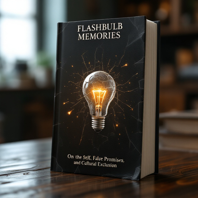 The cover features a dark black background with a single faded and cracked lightbulb at the center glowing faintly, exuding an eerie yet magnetic atmosphere. The lightbulb's filament forms the shape of a fragmented human face, suggesting themes of identity and introspection. Surrounding the bulb are faint flickers of light and shadow, representing false promises and the idea of exclusion. Subtle textures of torn pages encircle the bulb, symbolizing cultural and personal detachment.