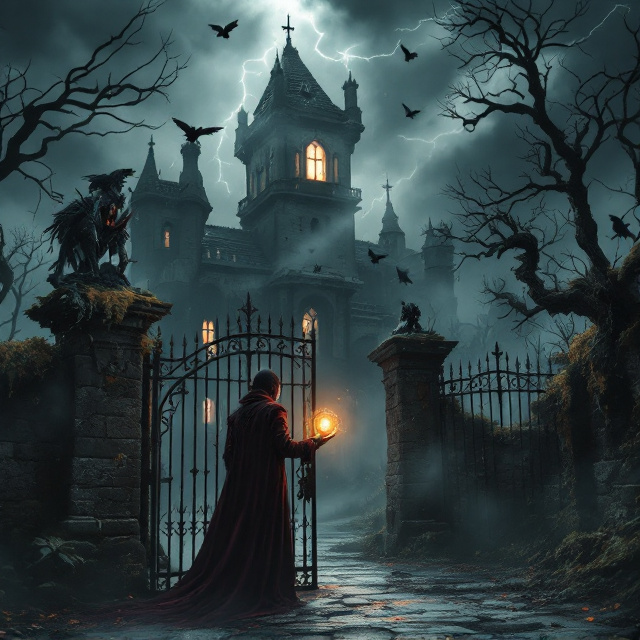 The cover features a stormy night sky over the ominous, decaying Ravencroft Manor. Lightning streaks illuminate grotesque gargoyles perched on the moss-covered edges of the rooftop and twisted wrought iron gates in the foreground. Splinter Von Draven, a shadowy figure in a rich, deep velvet coat, stands slightly off-center, holding a glowing medallion emanating with an amber hue. Behind him, a few twisted trees overshadow the area, adding to the atmosphere. A swirl of fog snakes along the ground while shadowy ravens fly above. In the upper-right corner, a solitary window glows faintly with pale candlelight, where Elisabeta Ravencroft, in her flowing blood-red dress, gazes hauntingly outward. The scene is tinted in deep blacks and stormy grays, with striking accents of blood red, electric blue lightning, and the ghostly white glow.