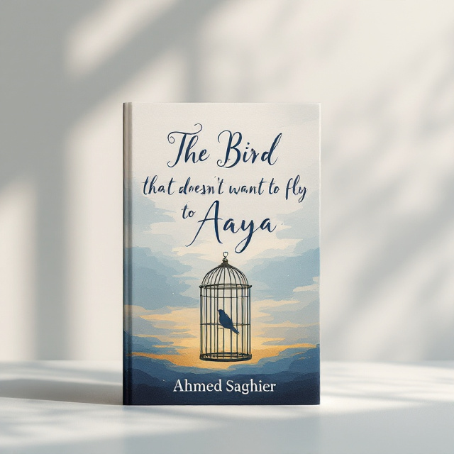 A solitary bird perched inside an open birdcage, with the bird looking outward towards a vast, abstract horizon in the background. The birdcage is in the foreground, slightly tilted, symbolizing tension and hesitance. The background combines washed-out tones of gray for confinement blending into vivid strokes of indigo blue and gold for freedom. Subtle handwritten script swirls faintly across the background, symbolizing writing as a path to liberation.