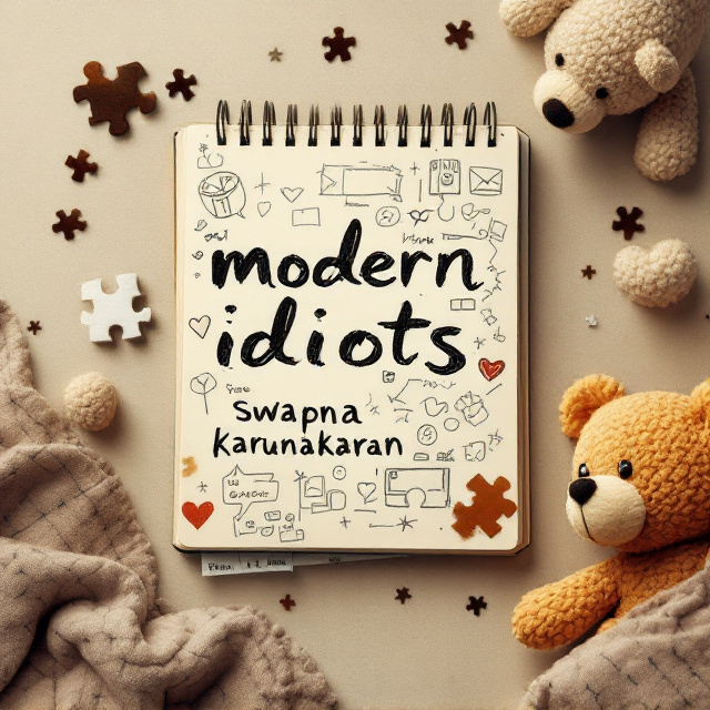 A flat lay scene of an open journal filled with chaotic doodles, scribbled notes, and overlapping social media notification icons. A coffee stain lies prominently on one page, while a paper boarding pass is crumpled and partially tucked under the journal. Broken heart puzzle pieces, some half-assembled, are scattered across. In one corner, a stuffed teddy bear rests, slightly worn. The background mimics the Notes app page with faded, muted beige tones. The tagline is scrawled sarcastically at the bottom in bold, hand-drawn font.