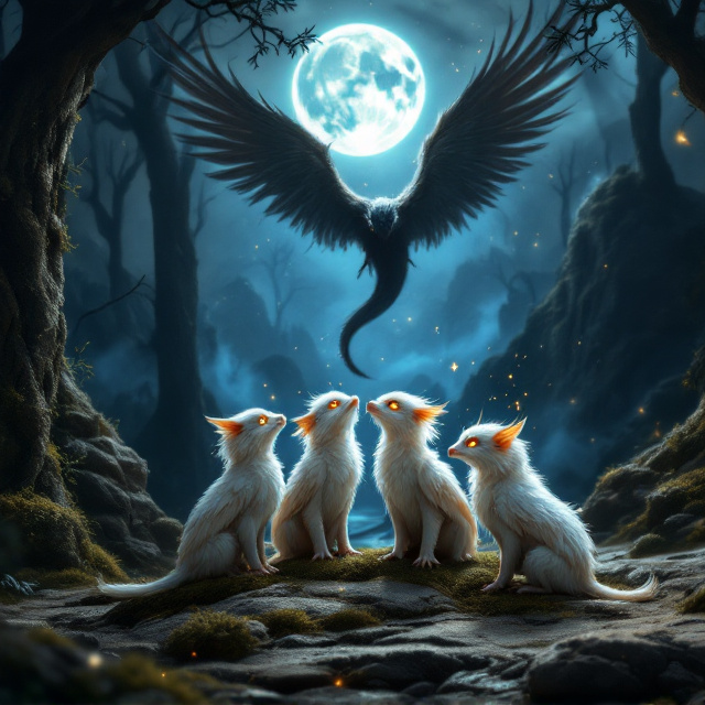 Five young griffins with intricate details of their feathers and curious glowing eyes gather closely in a shadowy valley filled with dark, twisting trees and rocks covered in moss. Above them, a massive shadow of a serpent looms, partially obscured by mist, capturing an eerie tension. In the background, a luminous full moon glows in the inky sky with the silhouette of a majestic adult griffin in flight, its silhouette creating a sense of protective power. Sparks of faint glowing gold and blue light drift in the air to add a magical atmosphere.