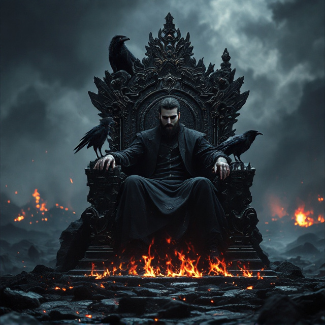 A dark-haired, bearded man sits solemnly on a massive, intricate obsidian throne, his face shadowed in dim firelight. Flames lick at the edges of the throne’s base, giving it an otherworldly glow. To his left, a menacing black wolf sits alert, its reflective eyes piercing the gloom. Perched on the armrest of the throne, a raven with outstretched wings appears mid-caw, adding dynamic energy. The background features a dark, charred battlefield beneath a stormy, ash-filled sky.