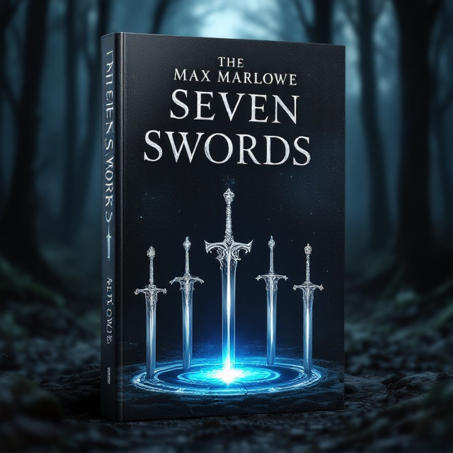 A moonlit, shadowy dark forest occupies the backdrop with a male rider shrouded in darkness, mounted on a fierce black horse, emerging ominously from the right, bathed in faint silvery light. At the foreground, seven distinct swords with intricate designs are arranged in a perfect circle on the forest floor, their sharp tips pointing inward to the center of the circle, which glows subtly with an ethereal blue aura. The edges of the cover are deepened with a slight vignette effect for a brooding atmosphere.
