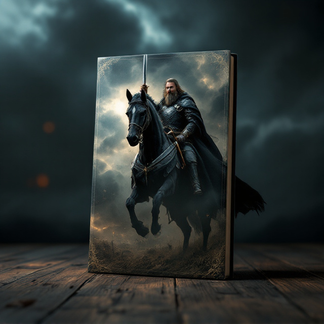 The cover features a brooding, stormy sky as a background, with dark clouds swirling ominously. In the center foreground stands a middle-aged man with a strong, weathered face, a long, dark beard, and unkempt long hair. He is mounted on a towering, muscular black stallion, with its mane flowing dramatically. The man wears a black, worn brigandine armor and a heavy black cape billowing in the wind. His sword is raised, its blade gleaming faintly in the dim light. Surrounding the central figure are seven distinctly designed swords that frame him in an arc, creating an almost mystical or protective border. The overall lighting is moody and dark, with cold hues of black, silver, and muted blue dominating the palette, while subtle accents of blood-red glow softly on the edges of the swords.