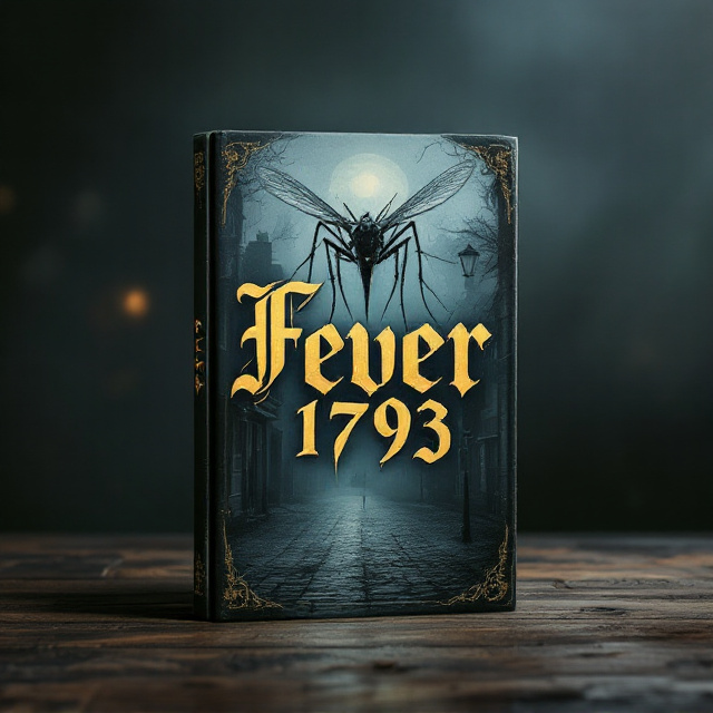 A large, ominous mosquito takes center stage, facing the viewer with its needle-like proboscis faintly dripping. The background is a foggy, desolate 18th-century town street, with dim, shadowy houses and cobblestones shrouded in murky mist. A sickly yellowish tint gives the scene an atmosphere of decay and despair, with faint streaks of dark mold creeping across parts of the lower cover.